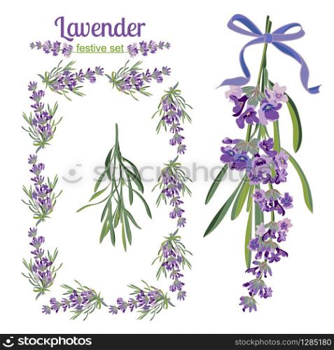 Set festive frames and elements with Lavender flowers for greeting card. Botanical illustration are drawn by hand. Set festive frames and elements with Lavender flowers for greeting card. Botanical illustration.