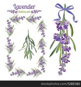 Set festive frames and elements with Lavender flowers for greeting card. Botanical illustration are drawn by hand. Set festive frames and elements with Lavender flowers for greeting card. Botanical illustration.