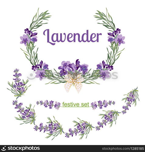 Set festive frames and elements with Lavender flowers for greeting card. Botanical illustration are drawn by hand. Set festive frames and elements with Lavender flowers for greeting card. Botanical illustration.