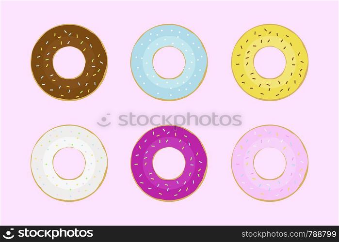 Set few kinds of dount on pink background colorful donuts cute donuts flat design chocolate tasty food. EPS 10