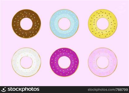 Set few kinds of dount on pink background colorful donuts cute donuts flat design chocolate tasty food. EPS 10