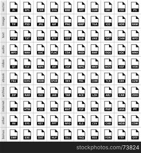 Set file types icons in flat style. 100 file types icons in simple flat style for graphic web design. Symbol isolated on white background. Vector, image, text, audio, video, ebook, archive, internet formats in 8 eps