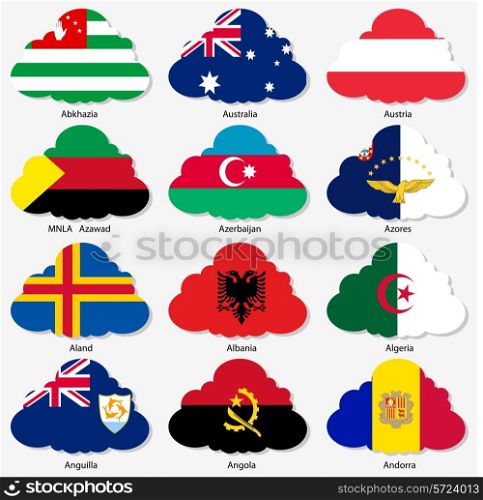 Set Flags of world sovereign states in form clouds. Vector illustration. Set number 1. Exact colors. Easy changes.
