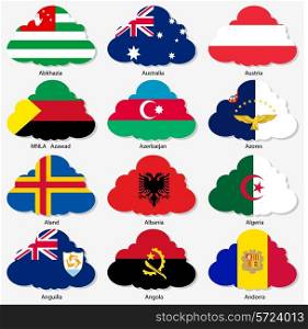 Set Flags of world sovereign states in form clouds. Vector illustration. Set number 1. Exact colors. Easy changes.