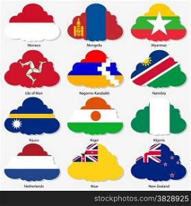 Set Flags of world sovereign states in form clouds. Vector illustration. Set number 11. Exact colors. Easy changes.