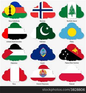 Set Flags of world sovereign states in form clouds. Vector illustration. Set number 12. Exact colors. Easy changes.