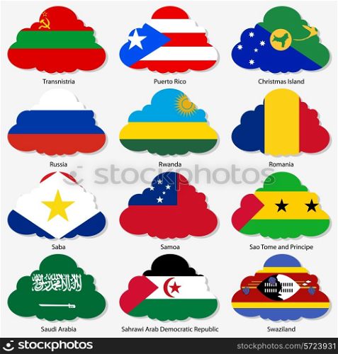 Set Flags of world sovereign states in form clouds. Vector illustration. Set number 13. Exact colors. Easy changes.