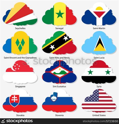 Set Flags of world sovereign states in form clouds. Vector illustration. Set number 14. Exact colors. Easy changes.