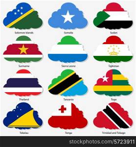 Set Flags of world sovereign states in form clouds. Vector illustration. Set number 15. Exact colors. Easy changes.