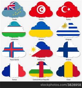 Set Flags of world sovereign states in form clouds. Vector illustration. Set number 16. Exact colors. Easy changes.