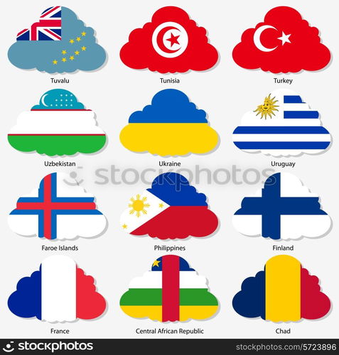 Set Flags of world sovereign states in form clouds. Vector illustration. Set number 16. Exact colors. Easy changes.