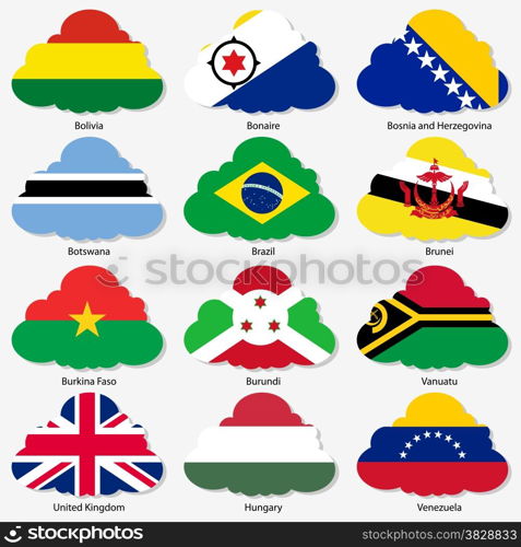 Set Flags of world sovereign states in form clouds. Vector illustration. Set number 3. Exact colors. Easy changes.