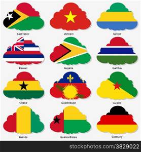 Set Flags of world sovereign states in form clouds. Vector illustration. Set number 4. Exact colors. Easy changes.