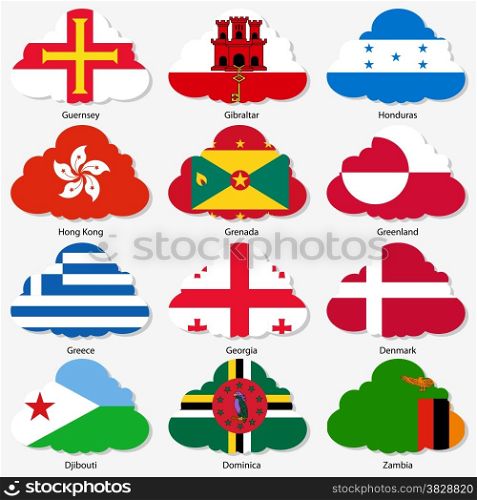 Set Flags of world sovereign states in form clouds. Vector illustration. Set number 5. Exact colors. Easy changes.