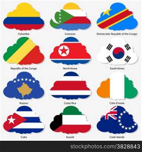 Set Flags of world sovereign states in form clouds. Vector illustration. Set number 8. Exact colors. Easy changes.