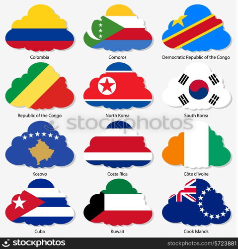 Set Flags of world sovereign states in form clouds. Vector illustration. Set number 8. Exact colors. Easy changes.
