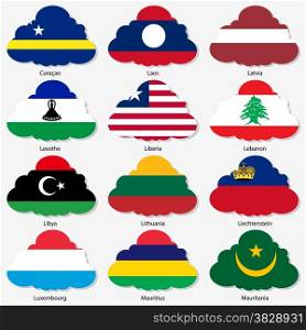 Set Flags of world sovereign states in form clouds. Vector illustration. Set number 9. Exact colors. Easy changes.