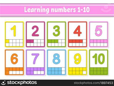 Set flash cards for kids. Learning numbers 1-10. Education developing worksheet. Activity page for school. Color game for children. Vector illustration. Cartoon style.