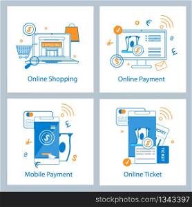 Set Flat Banner Online Payment. Online Shopping. Mobile Payment. Online Ticket. Vector Illustration on White Background. Modern Service Application for Quick Cash Settlement on Internet.