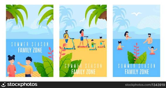 Set Flat Banner Summer Season Family Zone Cartoon. Fun Children Enjoy Vacation on Tropical Island. Parents with Children Walk Along Sand. Husband and Wife and Children Swim in Pond.