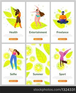 Set Flat Card How to Spend Summer, Entertainment. Poster is Written Health, Freelance, Selfi, Summer and Sport. Young People, Men and Women Choose Classes, How to Have Great Summer Vacation.