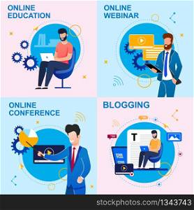 Set Flat Inscription Online Education, Blogging. Vector Illustration is Written Online Webinar and Conference Cartoon. Man Presents an Announcement on Upcoming Conference or Webinar.