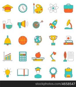 Set Flat Line Colorful Icons of School Equipment. Illustration Set Flat Line Colorful Icons of School Equipment and Tools. Modern Trend Design. Group Objects Isolated on White Background - Vector