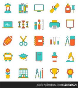 Set Flat Line Icons of School Equipment and Tools. Illustration Set Flat Line Icons of School Equipment and Tools. Modern Trend Design. Objects Isolated on White Background - Vector