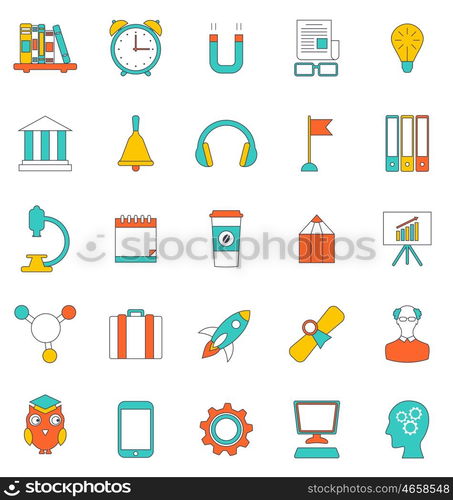 Set Flat Line Icons of School Equipment and Tools. Illustration Set Flat Line Icons of School Equipment and Tools. Modern Trend Design. Objects Isolated on White Background - Vector