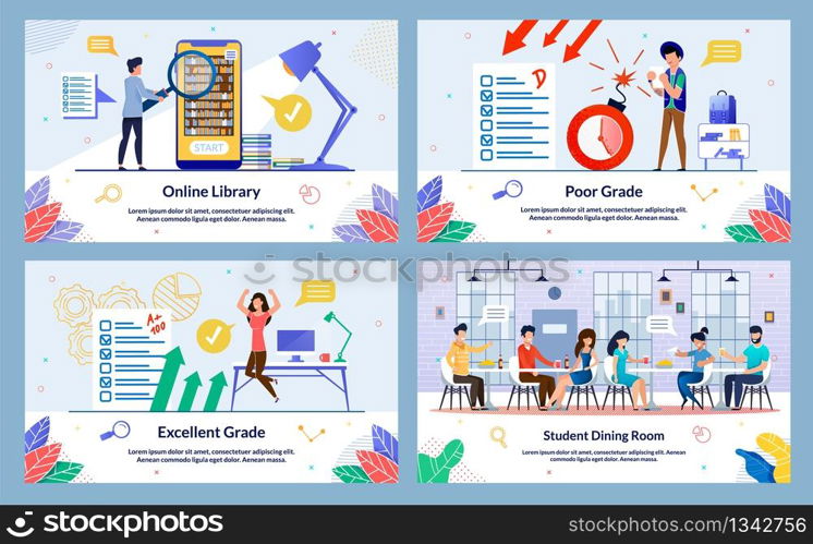 Set Flat, Student Dining Room, Poor Grade, Cartoon. Excellent Grade, Online Library. Failure Exam is Disappointing for Student. Guy is Watching Negative Test Near an Exploding Bomb.