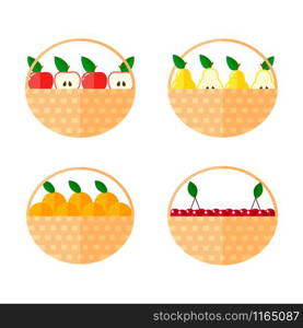 set flat vector illustration. a basket of red apples and half.cherry. yellow pears. orange.. set flat vector illustration. a basket of red apples and half.ch