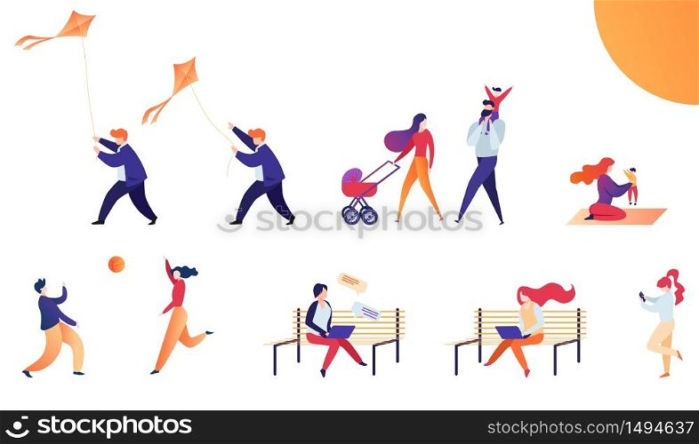 Set Flat Vector Illustration Weekend Outdoors. Man Wearing Casual Clothes Starts Kite, Family with Child Walks Stroller Along Street. Bright Sun Shines on Young Mother who Sits Rug with Child.