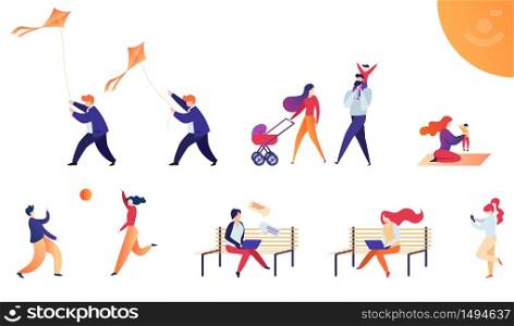 Set Flat Vector Illustration Weekend Outdoors. Man Wearing Casual Clothes Starts Kite, Family with Child Walks Stroller Along Street. Bright Sun Shines on Young Mother who Sits Rug with Child.