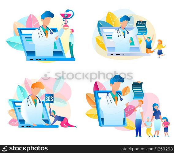 Set Flat Vector Medical Consultation Doctor Online. Illustration Male Pediatrician, Placed on Screen Laptop, Tablet. Prescription Treatment whole Family. Medical Examination. Guy Asks Help Specialist