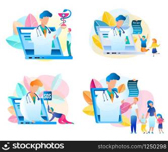 Set Flat Vector Medical Consultation Doctor Online. Illustration Male Pediatrician, Placed on Screen Laptop, Tablet. Prescription Treatment whole Family. Medical Examination. Guy Asks Help Specialist
