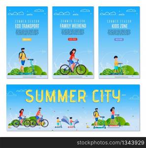 Set Flyer Inscription Summer City, Femily Weekend. Banner Eco Transport, Kidz Zone Cartoon. Parents with Children Use Environmentally Friendly Transportation to get around City Cartoon.