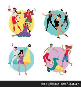 Set Folk, Jazz, Disco or Electric and Street Dance. Set folk dance, jazz dance, disco or electric dance, street dance. Dancing music, event party, people boy and girl, art show performance, sound lifestyle, musical nightlife in flat design. Vector
