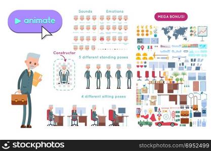 Set for animation elderly businessman character. Animation of sounds, emotions. View straight, side, back, half-turn. Body parts elements for animation. Set for interior and environment.