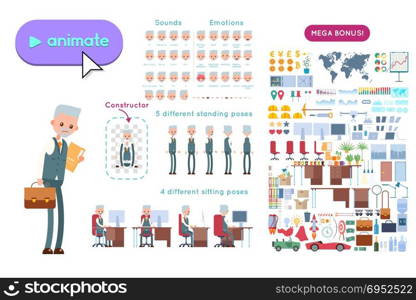 Set for animation elderly businessman character. Animation of sounds, emotions. View straight, side, back, half-turn. Body parts elements for animation. Set for interior and environment.