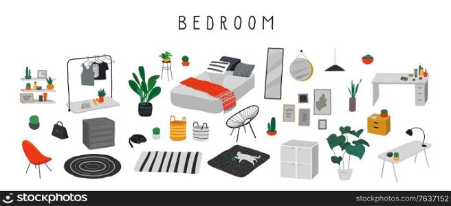 Set for badroom with stylish comfy furniture and modern home decorations in trendy Scandinavian or hygge style. Cozy Interior furnished home plants for sleeping. Flat cartoon vector illustration. Set for badroom with stylish comfy furniture and modern home decorations in trendy Scandinavian or hygge style. Cozy Interior furnished home plants for sleeping. Flat cartoon vector