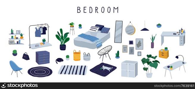 Set for badroom with stylish comfy furniture and modern home decorations in trendy Scandinavian or hygge style. Cozy Interior furnished home plants for sleeping. Flat cartoon vector illustration. Set for badroom with stylish comfy furniture and modern home decorations in trendy Scandinavian or hygge style. Cozy Interior furnished home plants for sleeping. Flat cartoon vector
