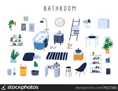 Set for bathroom with stylish comfy furniture and modern home decorations in trendy Scandinavian or hygge style. Cozy Interior furnished home plants. Flat cartoon vector illustration. Set for bathroom with stylish comfy furniture and modern home decorations in trendy Scandinavian or hygge style. Cozy Interior furnished home plants