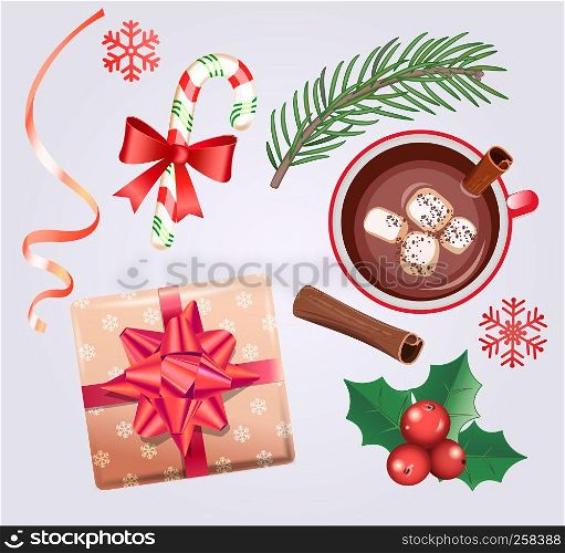 Set for Christmas holidays with traditional decorations-gift box with bow,candy cane,cocoa with marshmallows and cinnamon,spruce branch, ribbon, red mistletoe, snowflake. Vector illustration.. Set for Christmas holidays.