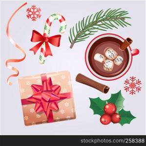 Set for Christmas holidays with traditional decorations-gift box with bow,candy cane,cocoa with marshmallows and cinnamon,spruce branch, ribbon, red mistletoe, snowflake. Vector illustration.. Set for Christmas holidays.
