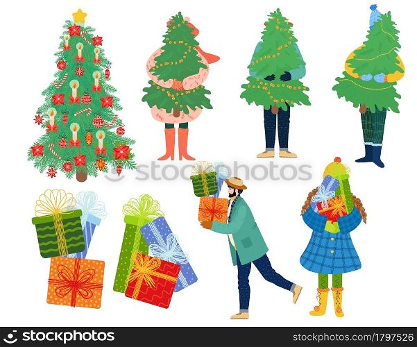 Set for Christmas with people. Young man and woman carry gift boxes. A guy and a girl with a Christmas tree. Gift boxes, sets, sale