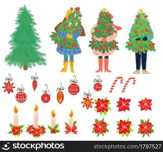 Set for Christmas with people. Young man and woman, Guy and girl with a Christmas tree. Christmas tree and mistletoe, poinsettia, candy kane, balls, candles. Set for Christmas with people. Young man and woman, Guy and girl with a Christmas tree. Christmas tree
