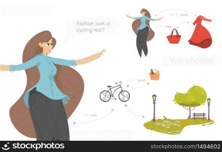 Set for Creation Picture of Girl Going on Picnic for Rest. Fashion Look, Bike, Food Basket and Green Field Elements for Coloring and Mixing. Cartoon Flat Vector Illustration in Craft Style, Banner. Set for Creation Picture of Girl Going on Picnic
