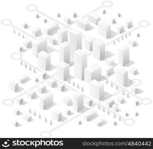 Set for design 3d. Transportation street. Isometric view of skyscraper office buildings and residential construction area
