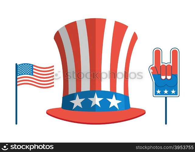 Set for elections in America. Uncle Sam hat. USA flag. Set for political debate in United States. Foam finger. National Patriotic Rock foam finger gesture&#xA;