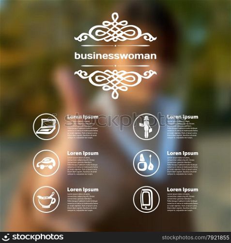 Set for infographics with blurred background on the theme business and woman